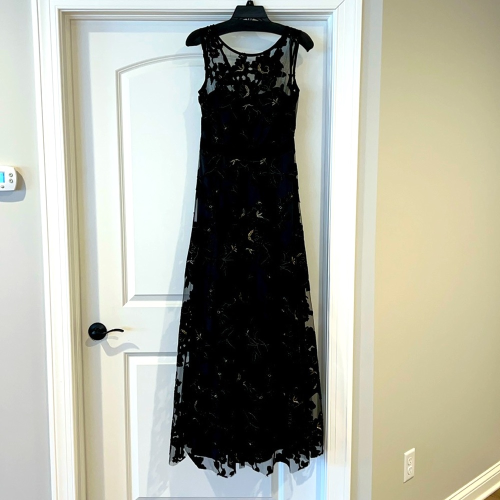 Eliza J Black floor length, flocked tulle gown